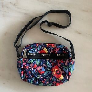 LeSportsac Nylon Black Floral Multicolored Crossbody Bag Purse
